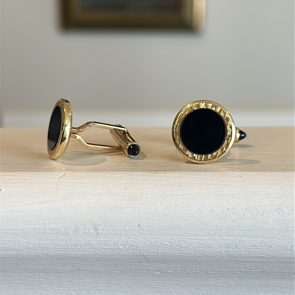 Vintage Krementz 14K Gold Plated Black Onyx Cuff Links